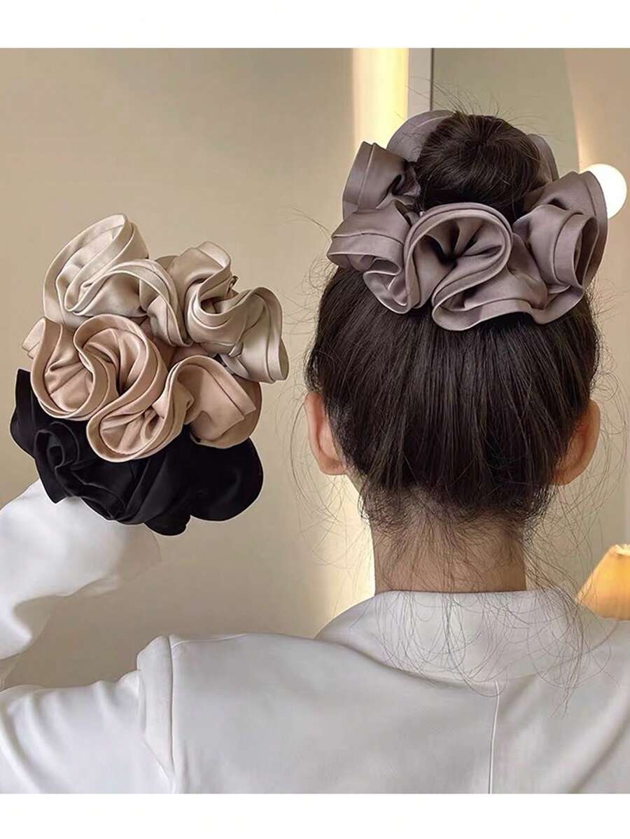 1入組女款多色仿真絲絲帶髮圈，單色簡約邊緣，適用於馬尾和包子頭休閒裝 - 卡其色 - 查看 1