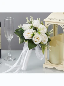 1 Stück Ditsy Floral Vliestoff weiße Rose Brautstrauß Requisite, moderne Braut Fotoshooting Dekoration, elegant und für alle Jahreszeiten geeignet