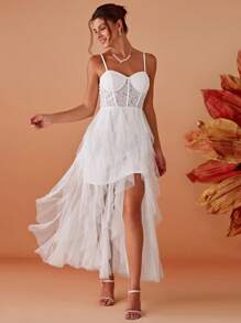 Delikat Spets Sweetheart Hals Skir Tyll Overlay Spaghetti Rem Bröllopsklänning Vit Brudklänningar, Liten Vit Klänning - Vitt - Visa 1