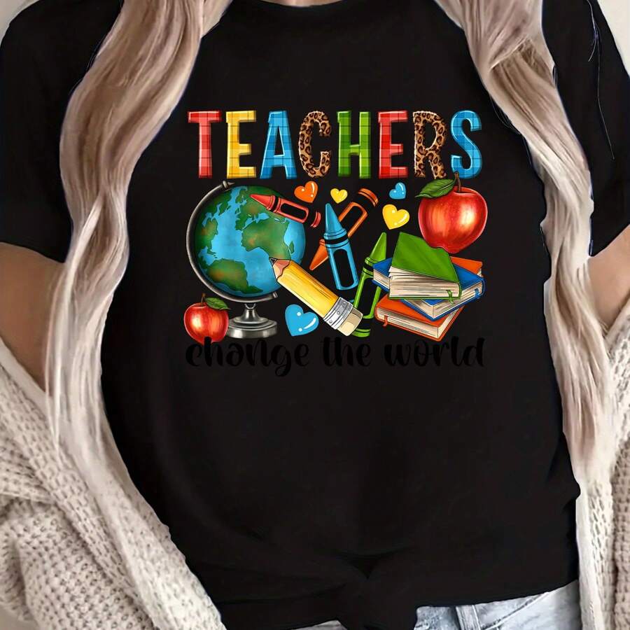 Women Teacher Shirts Teaching Tee Teaher Change The World T-Shirt Book Graphic Reading Teacher Tops T-Shirt - Đỏ - Xem 1