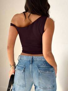 Blusa de mujer de manga corta con hombro oblicuo y unicolor casual