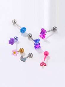 1 Stück Zunge Piercing Schmuck aus medizinischem hypoallergenen Titan-Stahl mit süßem Harz Rose, Pilz, Blumen und Schmetterling Design