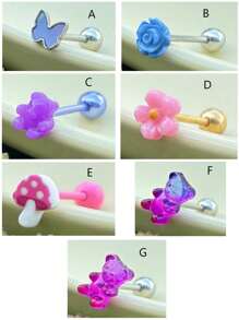 1 Stück Zunge Piercing Schmuck aus medizinischem hypoallergenen Titan-Stahl mit süßem Harz Rose, Pilz, Blumen und Schmetterling Design