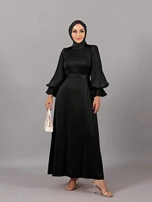 Vestido de manga larga con cuello redondo y volantes, elegante y recatado, con estilo árabe