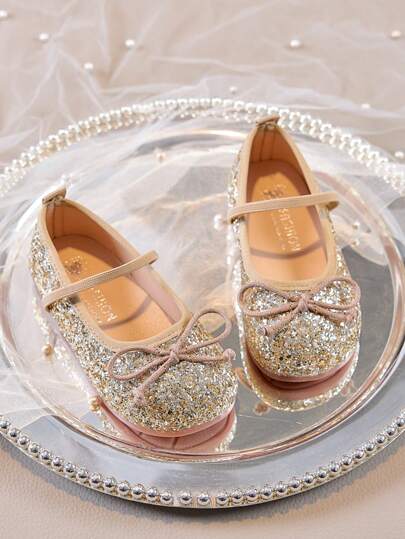 1 paar glitter instappers voor kinderen met prinsessenschoenen met strik, zachte zool en antislip voor meisjes in platte schoenen voor dagelijks gebruik, feestjes en dansen