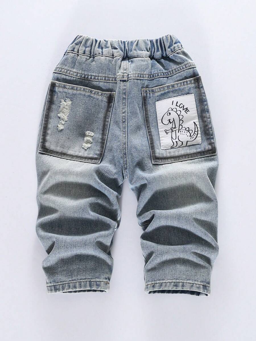 1pc Kids' Distressed Denim Jeans With Dinosaur Print Back Pockets, Elastic Waist Loose Fit Casual Trousers For Boys, Spring