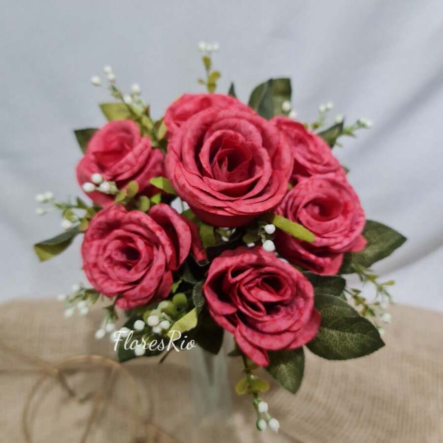 Artificial Button Bouquet With 7 Flowers For Party, Wedding, Home And Photo Decoration - Rojo otoño - Ver 1