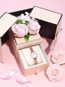 1pc Women's White Mesh Strap Elegant Mother-Of-Pearl Dial Crystal Quartz Wrist Watch, Rose Gold Box Gift - White - View 1