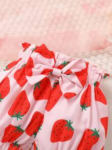 3pcs/Set Soft & Fashionable Baby Girls Strawberry Letter Print Ruffled Bodysuit, Strawberry Print Elastic Waist Shorts, And Headband Set - Multicolor - View 7
