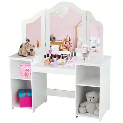 Lifezeal Vanity Table Set Makeup Dressing Kids Girls Study Table Tri Folding Mirror White/Pink