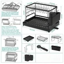 Dish Drying Rack, 2 Tier Large Dish Drying Rack For Kitchen Counter With Drainboard Stainless Steel Dish Drainer For Dish/Knifes/Cup