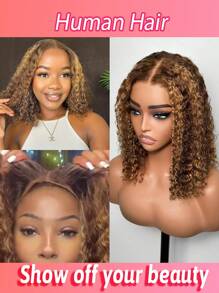 Highlight Bob Wig Human Hair Deep Wave Lace Front Wigs Human Hair 13x4 Lace Front Wigs Human Hair For Women Honey Blonde Short Deep Curly Bob Wig 250% Density Super Soft P4/27 Color - Highlight & Piano - View 2