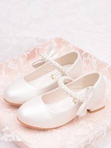 Girls White High Heel Shoes Princess Style Leather Shoes Spring & Autumn, Middle & Kids Shoes Suitable For Evening Dresses, Pearl Decoration