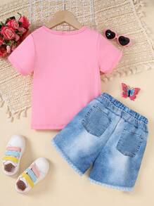 2pcs/Set Summer Young Girls Cartoon Girl Graphic Print Round Neck Short Sleeve T-Shirt & Solid Color Casual Comfortable Shorts Set