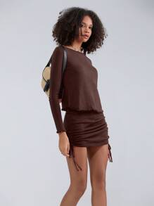 Women 2-Piece Knitted Outfits Solid Color Long Sleeves Sweater And Side Drawstring Mini Skirt Set For Streetwear - Chocolate Brown - View 3