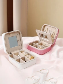 1/4pcs PU Leather Jewelry Box, Women Gifts, Mini Jewelry Organizer With Mirror, Necklace And Earring Display Holder, Pink Travel Essentials