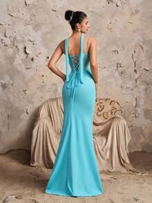 New Deep V-Neck Sexy Spaghetti Strap Lace Patchwork Mermaid Ruffle Split Maxi Bridesmaid Dress - Blue - View 3