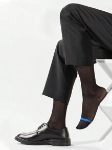 4 Pairs Men's Thin Dress Socks, Textured Black Formal Mid Calf Breathable Gentleman Suit Socks, Autumn/Winter