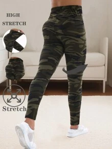 Spring/Summer Women Casual Fashionable Leggings With Gray Green Camouflage Pattern, Soft Comfortable Stretchy Skinny Pants For Fitness, Workout, Running, Weight Lifting, Home Stretching, Squatting Yoga, Outdoor Activity, 7/8 Length