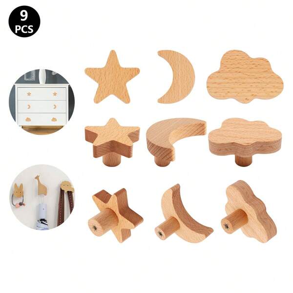 1pc/9pcs Wooden Cabinet Knobs, Wooden Hooks, Hooks On The Wall, Home Decor Gadgets, Party Decoration, Star And Moon Shape Drawer Pulls Dresser Knobs Wooden Knobs For Crafts Handles For Furniture Cupboard Closet Door,Room Decoration,Living Room Decoration,Bedroom Decoration (30mm Screws Included)