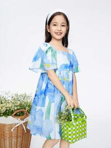 Annil 女童花卉印花方领荷叶边袖宽松可爱罩衫连衣裙 - 藍色 - 查看 2