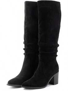 Women's Knee High Chunky Heel Faux Suede Pointed Toe Side Zipper Boots, Athleisure Style - 黑色 - 查看 3
