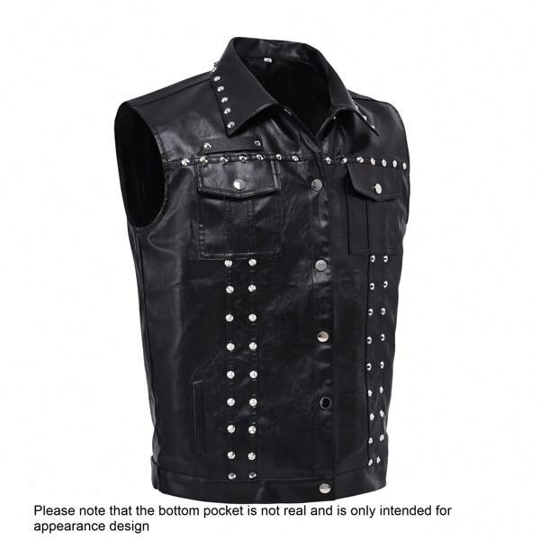 Men's Studded Biker Vest, Vintage Style Punk Rock Faux Leather Waistcoat For Street Performance, Exaggerated Fashion Series