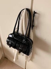 复古女士大容量单肩包，时尚休闲腋下手提包，时尚通勤枕头包 - 黑色 - 查看 7