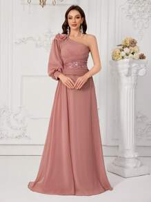 SUPGIR 女士不对称肩部褶饰刺绣拼接灯笼袖奢华派对礼服、婚礼宾客礼服、正式礼服、晚礼服