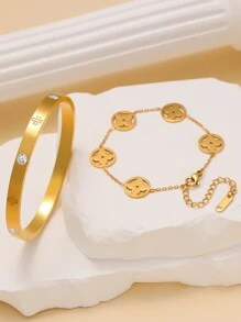 2 pièces Set de bracelets pour femme avec trèfle à quatre feuilles lisse et incrusté de cubic zirconia cubiques, convient pour de multiples occasions et cadeau pour les amis