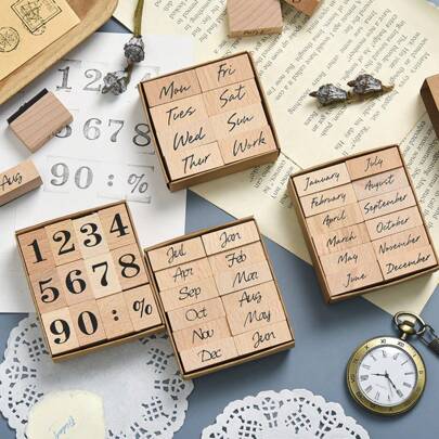 Holz-Gummistempel-Set für Scrapbooking, Fantasy-Themen, englischer Text, verschiedene Daten und Monate, mehrfarbige rechteckige Stempel geeignet für DIY-Basteleien, Schulbedarf