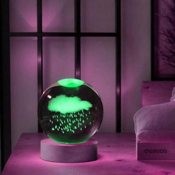 1pc 3D Laser Engraving ‌‌‌‌‌‌‌‌‌ Cloud Rain Lingering,‌ Cloud Love Crystal Ball Night Light, Modern Polished Glass Decoration, Christmas, Halloween, Thanksgiving, Valentine's Day Ideal Gift, Suitable For Family, Friends, Colleagues, Home Office Decoration
