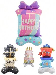 1pc Oversized Standing Bottom Gift Box Balloon With Bow And Star Design, Black & Gold Birthday Box Balloon For Birthday Party Decor - Multicolor - View 2