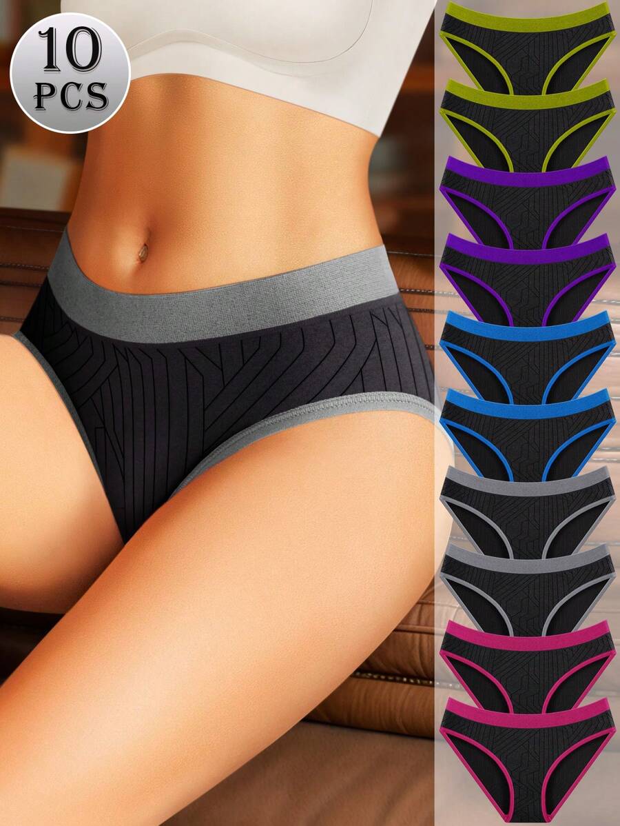 10pcs Women Low-Waist Triangle Panties Color Block Comfortable Soft Sexy - 彩色 - 查看 1