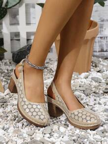 新款夏季透气镂空高跟凉鞋，时尚休闲法式粗跟鞋 - 卡其色 - 查看 4