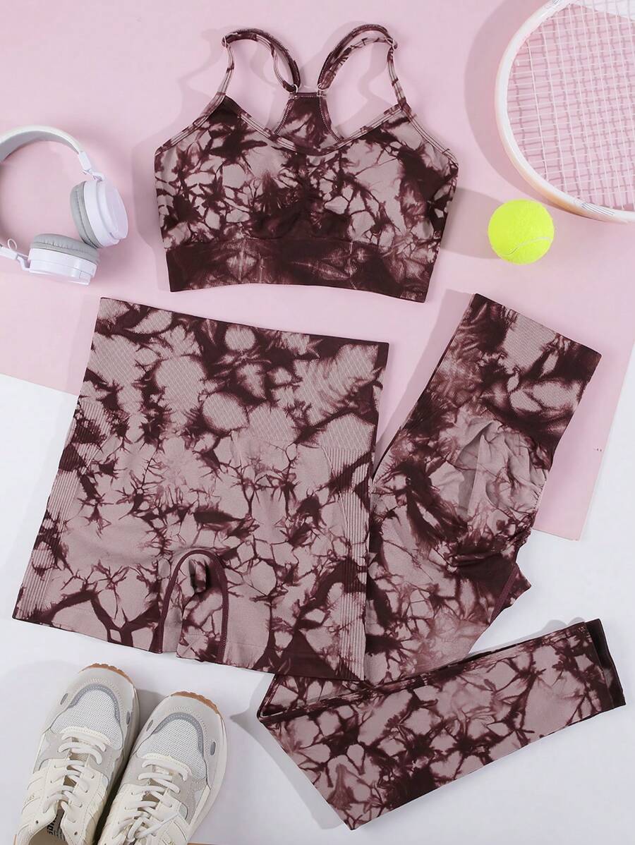 3pcs Women Athletic Tie Dye Printed Sports Bra, High Waist Shorts And Lifting Tights Set, Fashionable Casual Workout Outfit - Burgundy - View 1