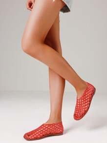 Womens Jelly Sandals Mesh Ballet Flats For Women Fishnet Hollow Jellies Sandals Comfortable Slip On Outdoor Beach Flats Shoes - Red - View 4