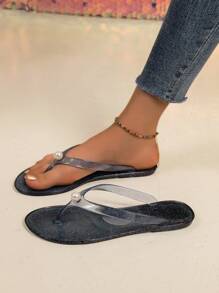 Chanclas de plástico transparente con plataforma plana y cristal, sandalias de playa de verano para mujeres - Negro - Ver 6