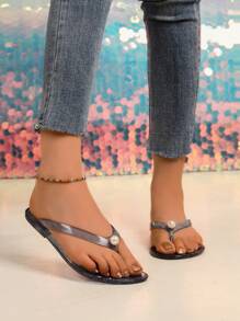 Chanclas de plástico transparente con plataforma plana y cristal, sandalias de playa de verano para mujeres - Negro - Ver 1