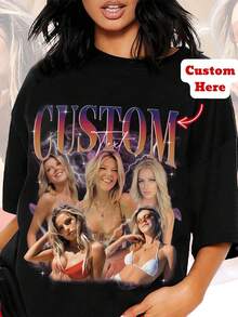 Customized Photo T-Shirt, Personalized T-Shirt, Customized 90s Retro Hip Hop T-Shirt, Gift For Girlfriend/Wife, Valentine's Day Gift, Pet Customization, Add Your Own Text And Images (Family Photo/Selfie/Pet Photo/Friend Photo/Party Photo) To Design Your Own Personalized Printed T-Shirt, Anniversary Gift, Valentine's Day, Christmas - Black - View 2