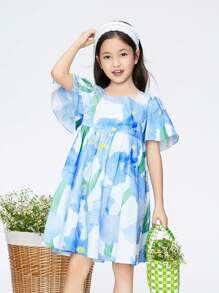 Annil 女童花卉印花方领荷叶边袖宽松可爱罩衫连衣裙 - 藍色 - 查看 1