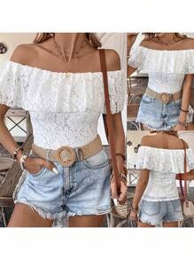 Women Flower Lace Tops Slim Off The Shoulder Ruffle Short Sleeve Backless Crop Shirt Summer Streetwear - White - View 2