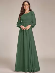 EVERPRETTY 优雅橄榄绿雪纺圆领灯笼袖长袖伴娘礼服，适合特殊场合、晚宴、冬季婚礼宾客穿着。 - 綠色 - 查看 7