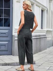 Conjunto de 2 piezas de chaleco y pantalones casuales holgados sin mangas a cuadros