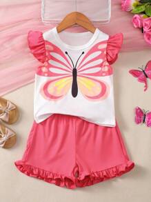 Conjunto con estampado de mariposa lindo, manga con volantes, shorts, ropa de verano para niñas, atuendo para adolescentes - Rosa - Ver 2