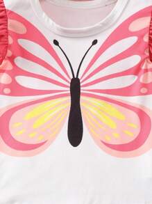 Conjunto con estampado de mariposa lindo, manga con volantes, shorts, ropa de verano para niñas, atuendo para adolescentes - Rosa - Ver 6