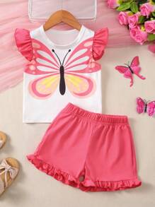 Conjunto con estampado de mariposa lindo, manga con volantes, shorts, ropa de verano para niñas, atuendo para adolescentes - Rosa - Ver 1