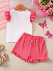 Conjunto con estampado de mariposa lindo, manga con volantes, shorts, ropa de verano para niñas, atuendo para adolescentes - Rosa - Ver 10