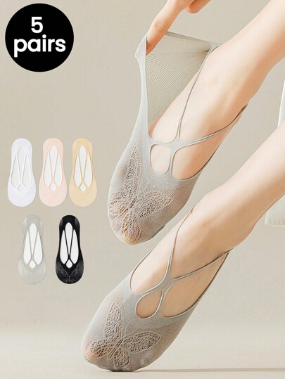 5 pares de meias femininas invisíveis de seda gelo com estampa de borboleta simples e oca, malha invisível, macia e confortável