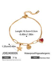 Uworld 1 pieza de brazalete de cadena de acero inoxidable de moda y personalizado para mujer con colgante de estrella de mar, concha, corazón y piedra natural. Adecuado para uso diario, vacaciones, playa o como regalo